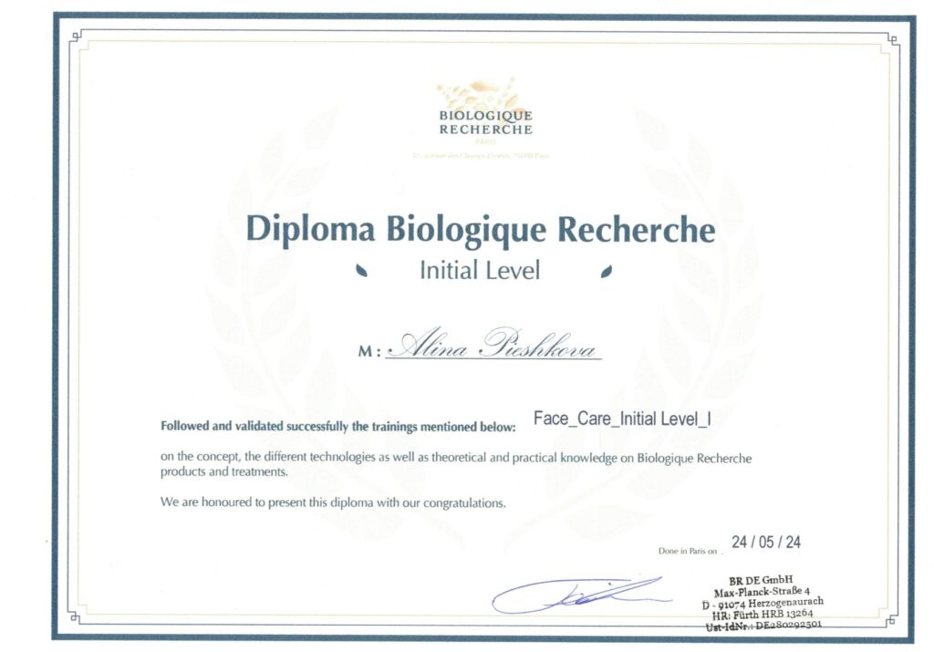 Diploma Biologique Recherche Alina-Pieshkova